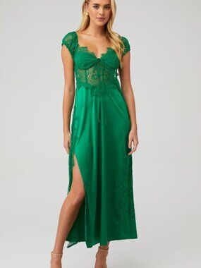 For Love & Lemons Casey Satin Lace Maxi Dress Emerald Green